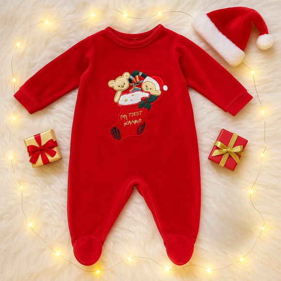 🎄 Vintage 1990s Baby Christmas Footie Pajamas "My First X-Mas” Red Velour 3-6 M - Picture 1 of 12